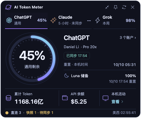 AI Token Meter 原生总览，显示用量、重置时间、累计 Token 和 API 余额